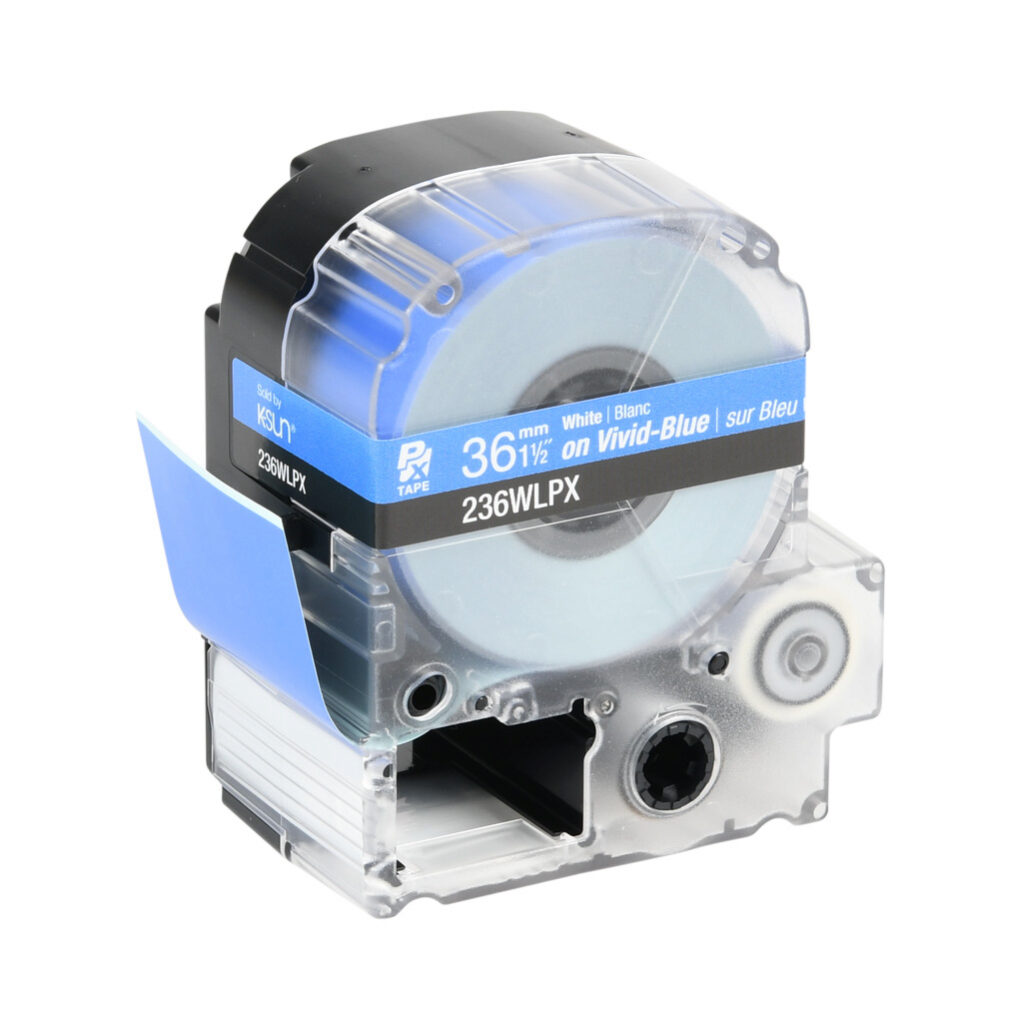 236WLPX - Epson LabelWorks PX series standard label cartridge, 36mm (1-1/2in) wide, 30ft roll, white text, blue background, polyester. For use with Epson LabelWorks PX series label printers.