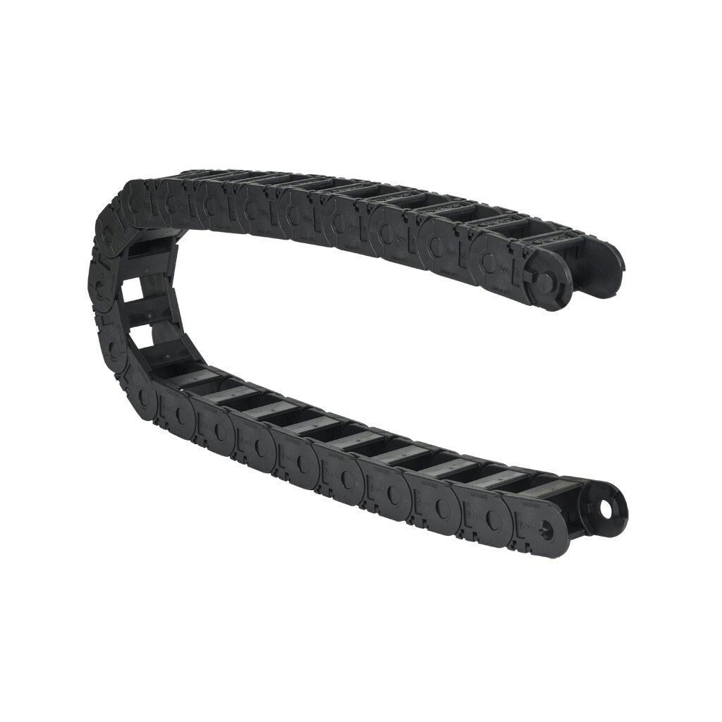 2500-03-075 - igus 2500 cable drag chain, 0.98in inside height, 1.5in inside width, 2.95in bend radius, outside opening, 1.81in pitch, 3.2ft/1m length, black. Requires 2030-34PZB or 2030-12PZB brackets for mounting.