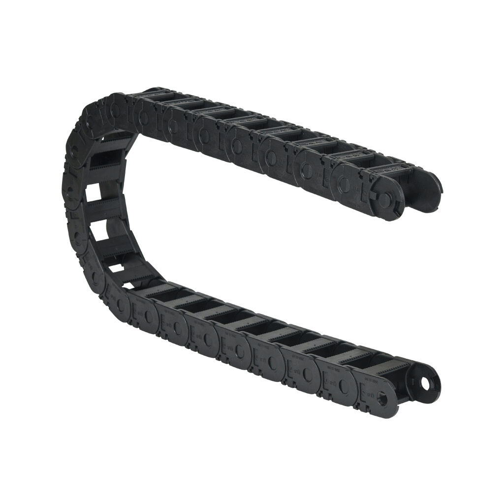 2500-03-100 - igus 2500 cable drag chain, 0.98in inside height, 1.5in inside width, 3.94in bend radius, outside opening, 1.81in pitch, 3.2ft/1m length, black. Requires 2030-34PZB or 2030-12PZB brackets for mounting.
