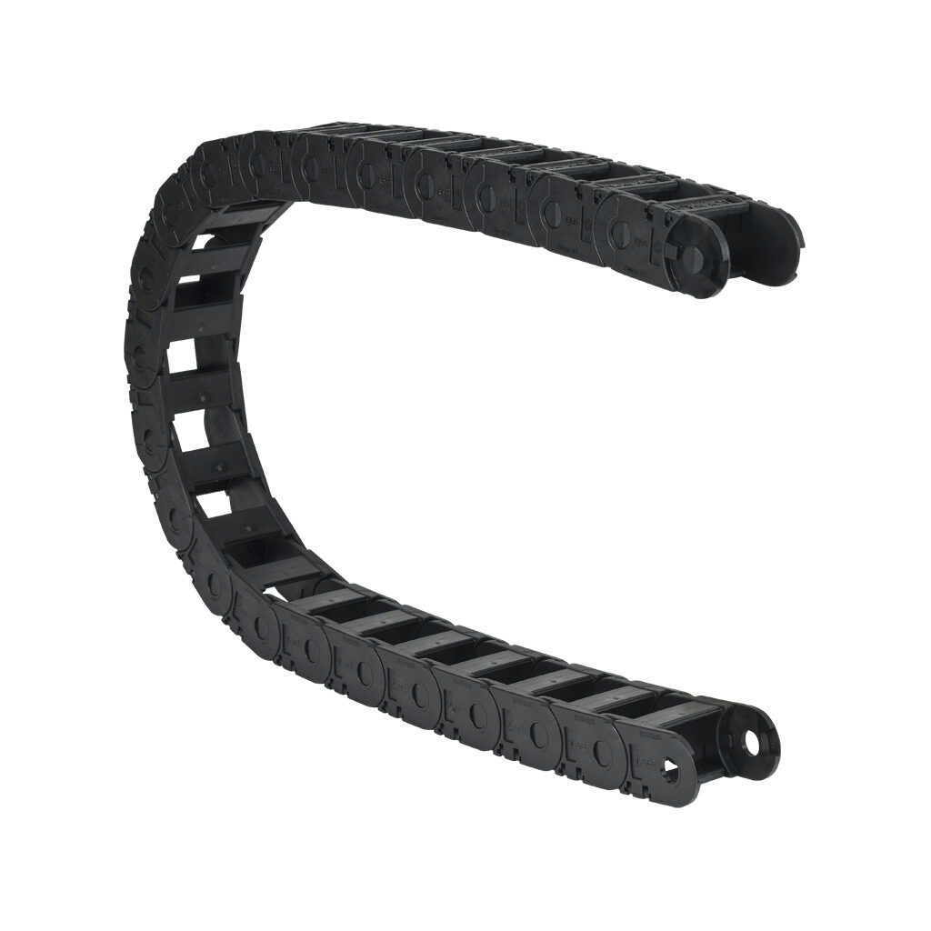 2500-03-125 - igus 2500 cable drag chain, 0.98in inside height, 1.5in inside width, 4.92in bend radius, outside opening, 1.81in pitch, 3.2ft/1m length, black. Requires 2030-34PZB or 2030-12PZB brackets for mounting.