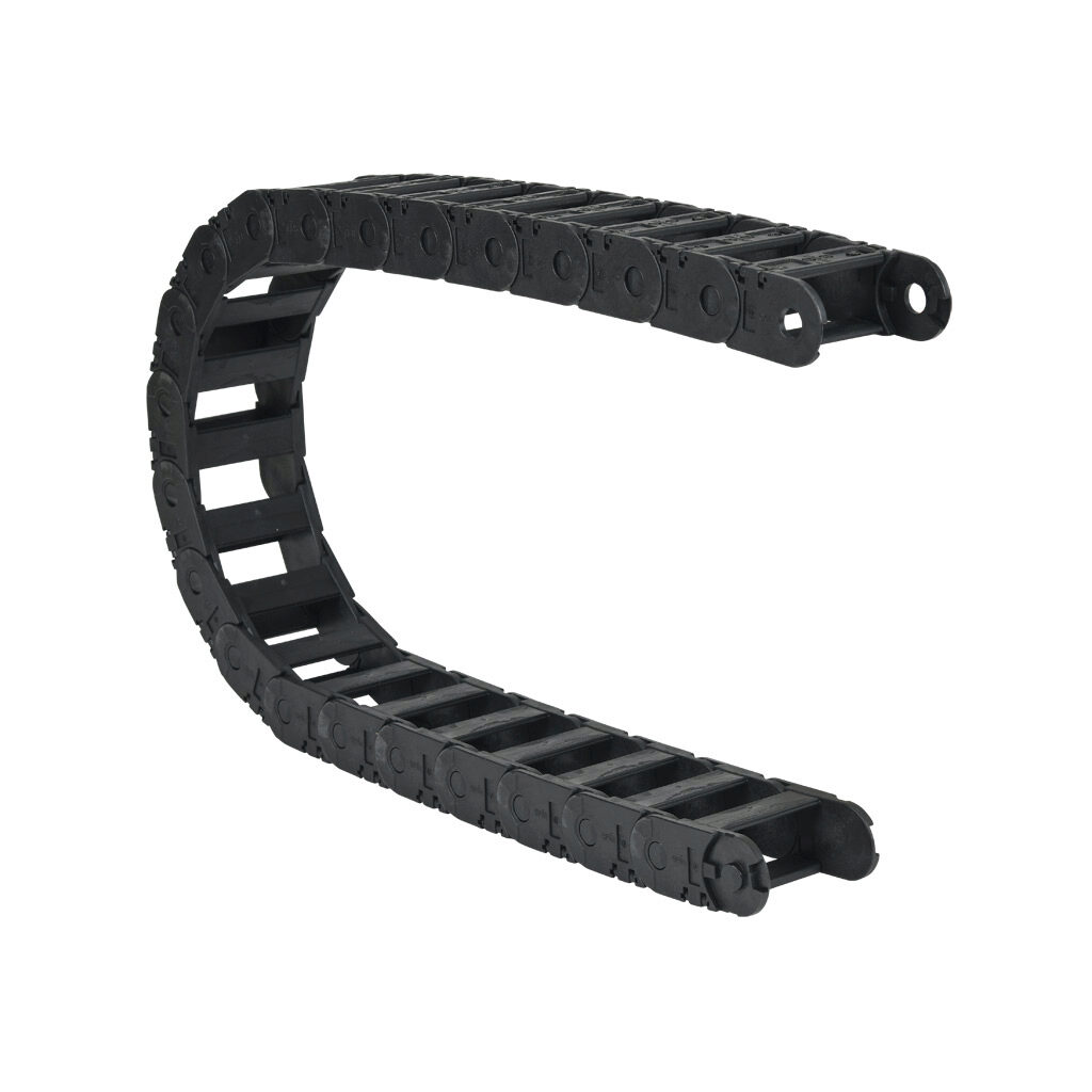 2500-05-125 - igus 2500 cable drag chain, 0.98in inside height, 2.24in inside width, 4.92in bend radius, outside opening, 1.81in pitch, 3.2ft/1m length, black. Requires 2050-34PZB or 2050-12PZB brackets for mounting.