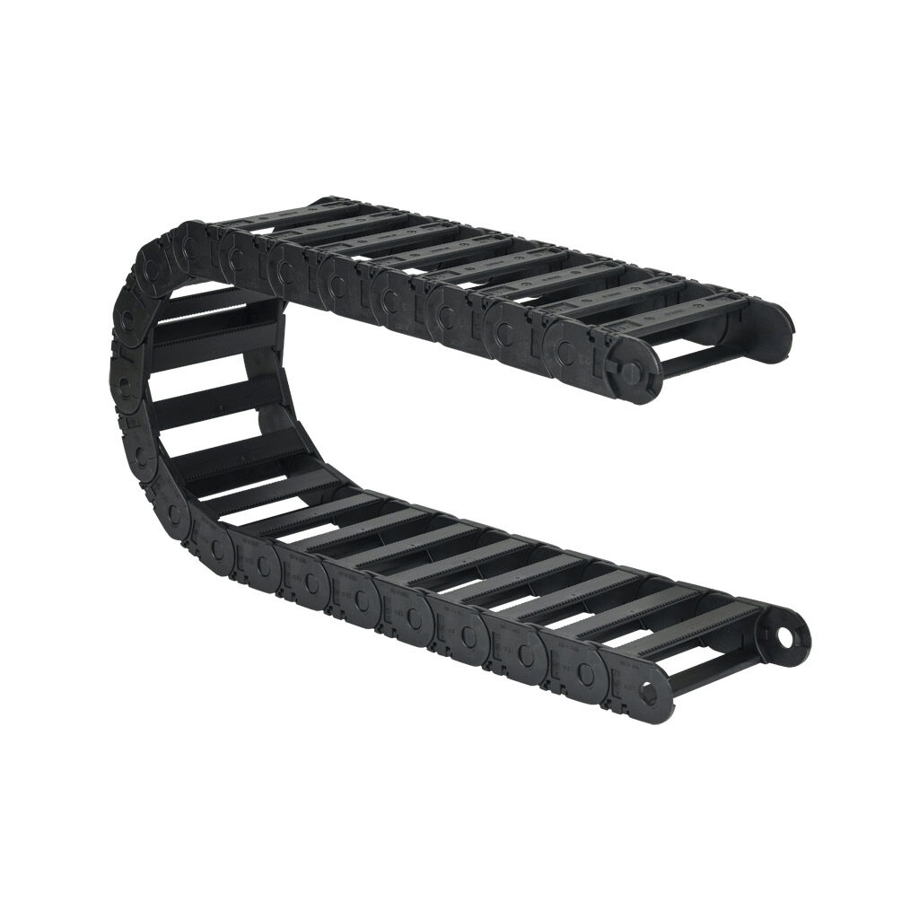 2500-10-100 - igus 2500 cable drag chain, 0.98in inside height, 4.06in inside width, 3.94in bend radius, outside opening, 1.81in pitch, 3.2ft/1m length, black. Requires 2100-34PZB or 2100-12PZB brackets for mounting.