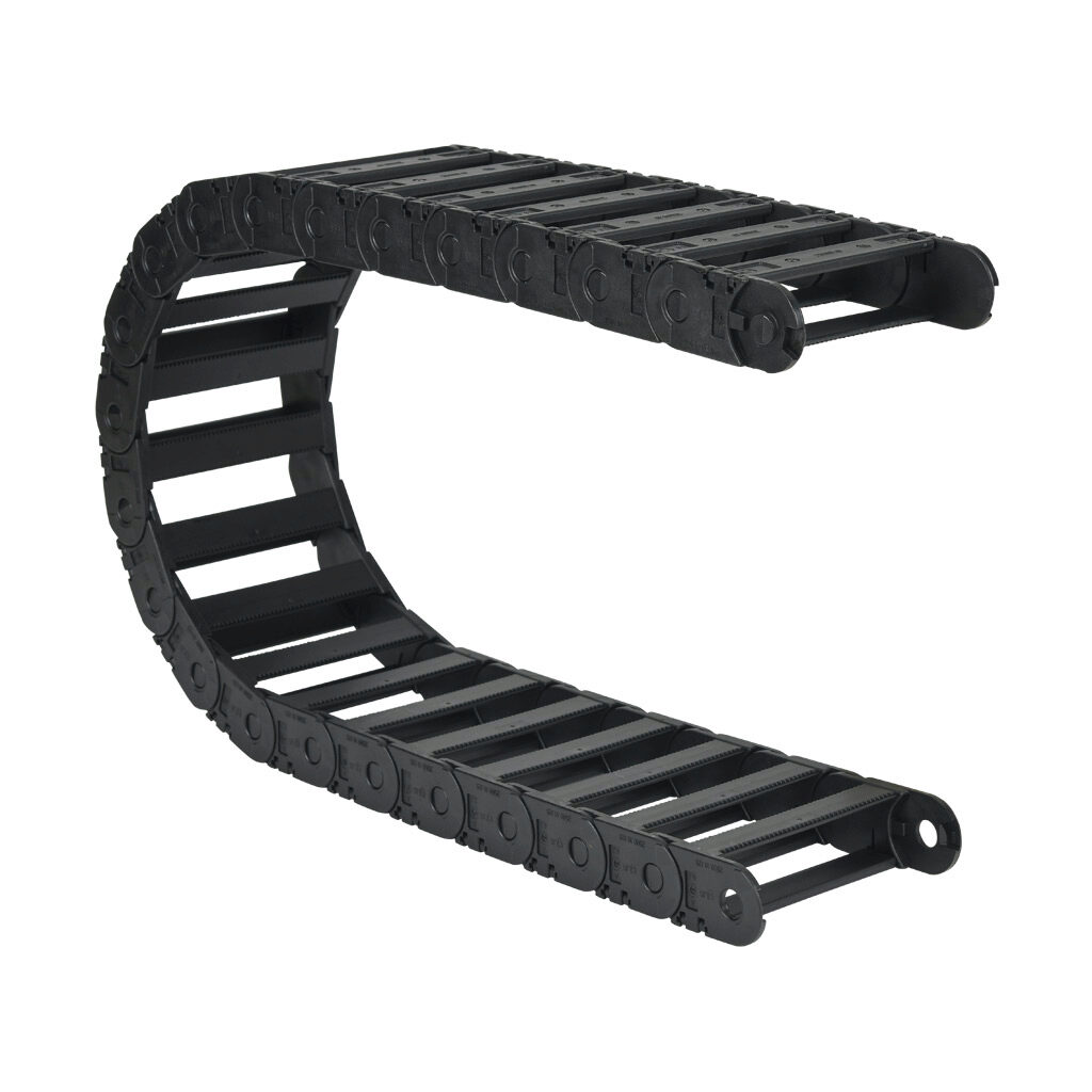 2500-10-125 - igus 2500 cable drag chain, 0.98in inside height, 4.06in inside width, 4.92in bend radius, outside opening, 1.81in pitch, 3.2ft/1m length, black. Requires 2100-34PZB or 2100-12PZB brackets for mounting.