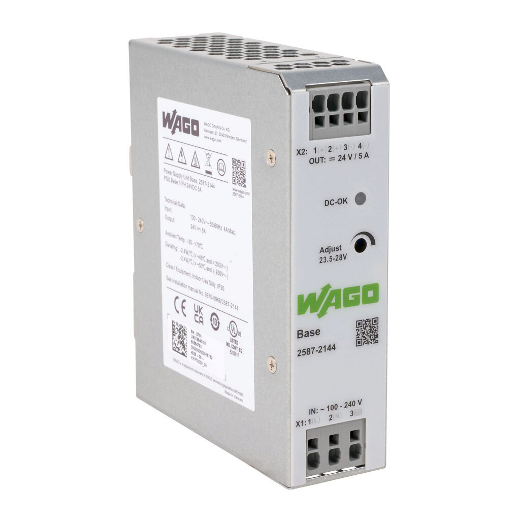2587-2144 - WAGO Base series switching power supply, 24 VDC @ 5A/120W, 120 VAC and 240 VAC nominal input, 1-phase, enclosed, metal housing, 35mm DIN rail mount, cage clamp.