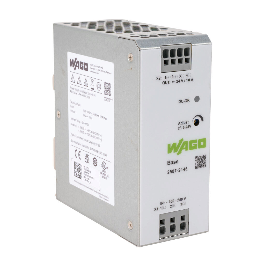 2587-2146 - WAGO Base series switching power supply, 24 VDC @ 10A/240W, 120 VAC and 240 VAC nominal input, 1-phase, enclosed, metal housing, 35mm DIN rail mount, cage clamp.