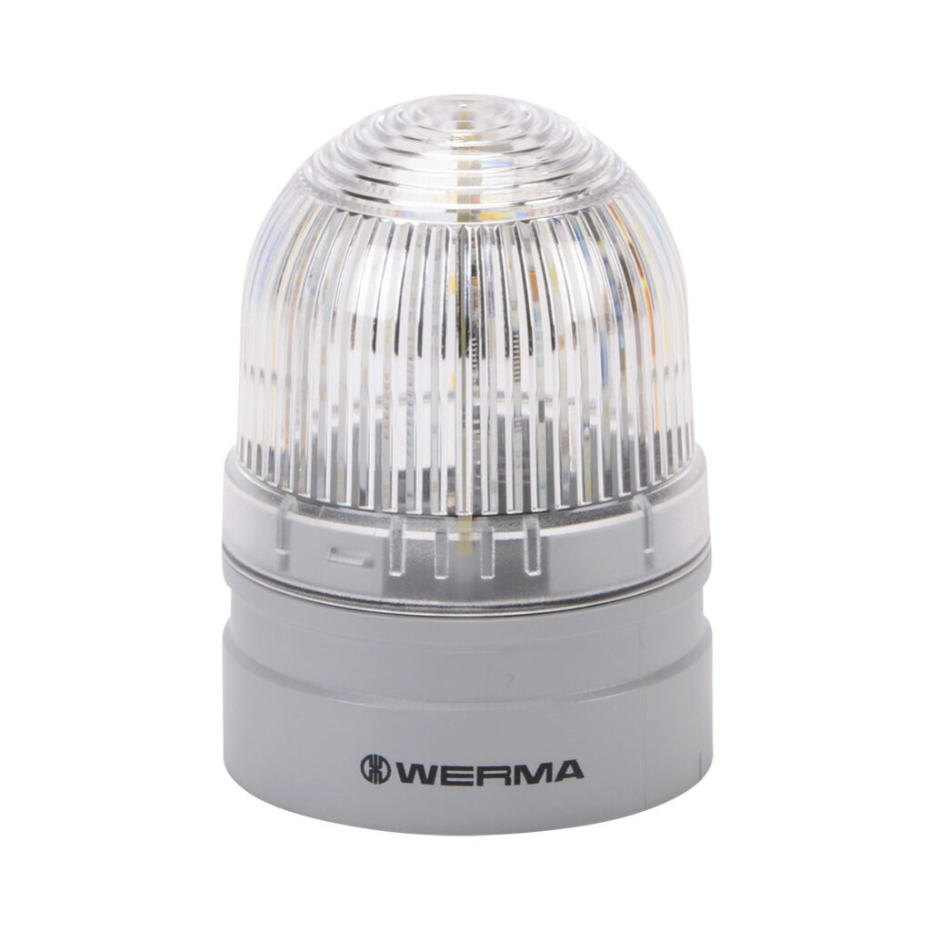 26042060 - WERMA EvoSIGNAL Mini TwinFLASH series LED industrial signal beacon, 62mm, clear/white, double flash or EVS (Enhanced Visibility System) flashing (random flashing), IP66, modular mount, 115-230 VAC. Requires mounting adapter.