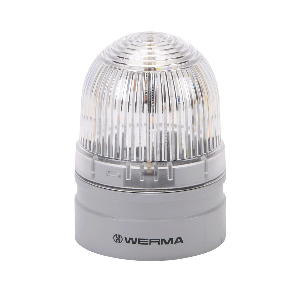 26042075 - WERMA EvoSIGNAL Mini TwinFLASH series LED industrial signal beacon, 62mm, clear/white, double flash or EVS (Enhanced Visibility System) flashing (random flashing), IP66, modular mount, 24 VAC/VDC. Requires mounting adapter.