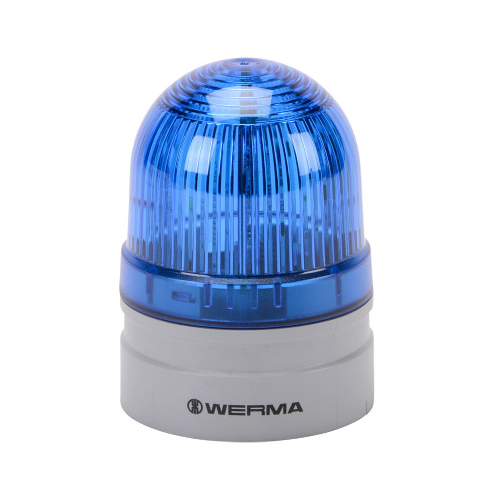26051060 - WERMA EvoSIGNAL Mini TwinLIGHT series LED industrial signal beacon, 62mm, blue, permanent or blinking (1 Hz ON for 420ms), IP66, modular mount, 115-230 VAC. Requires mounting adapter.