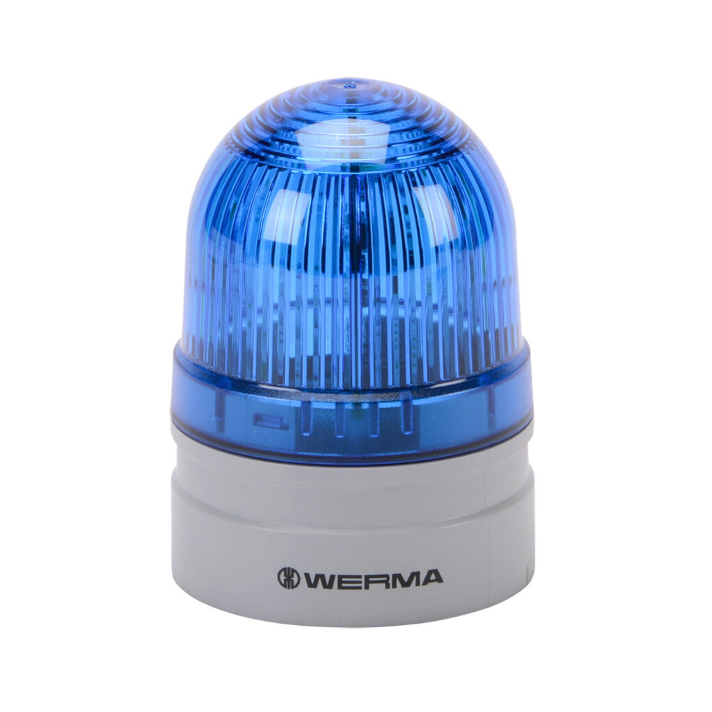 26051074 - WERMA EvoSIGNAL Mini TwinLIGHT series LED industrial signal beacon, 62mm, blue, permanent or blinking (1 Hz ON for 410ms), IP66, modular mount, 12 VAC/VDC. Requires mounting adapter.