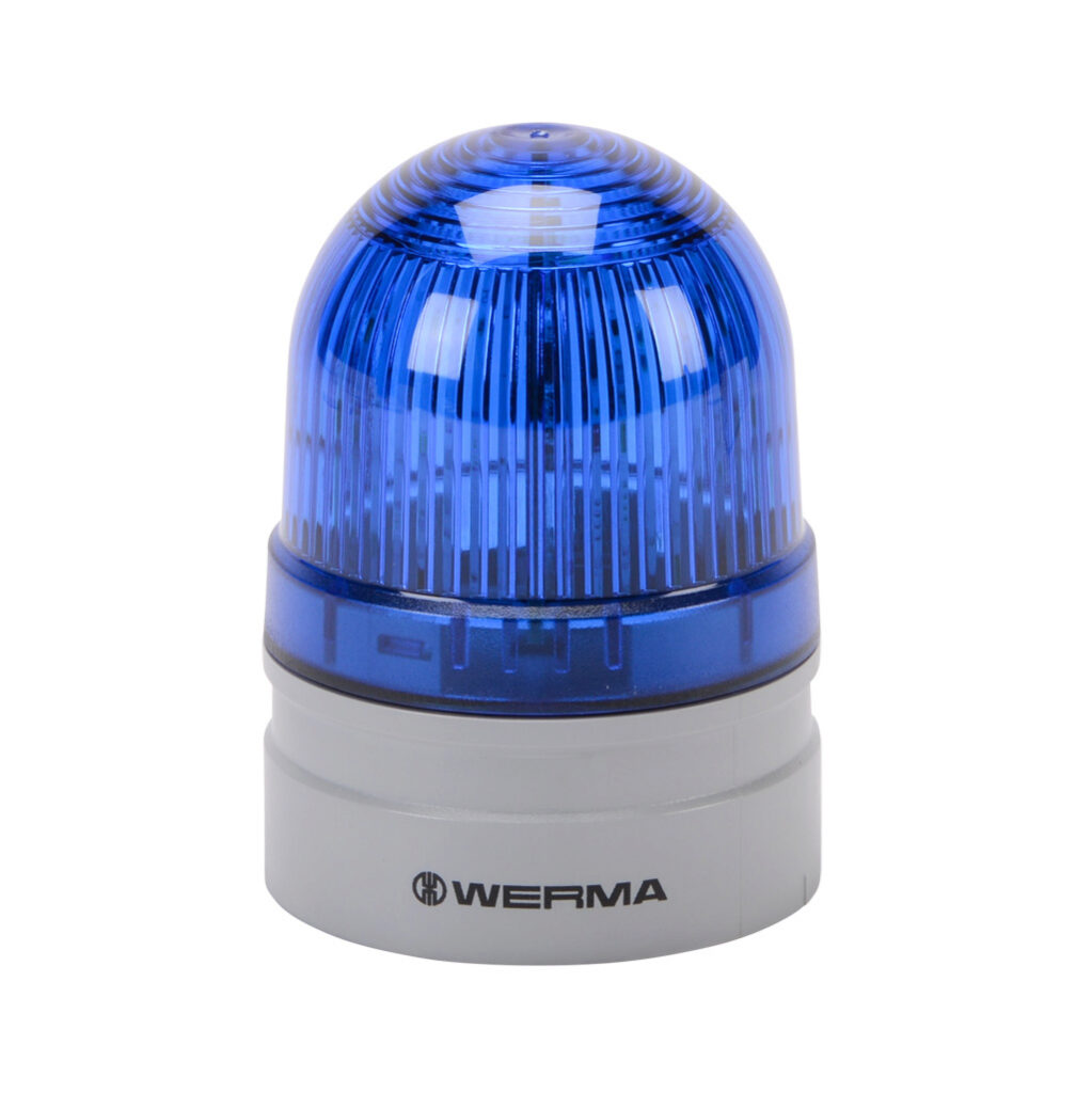 26051075 - WERMA EvoSIGNAL Mini TwinLIGHT series LED industrial signal beacon, 62mm, blue, permanent or blinking (1 Hz ON for 470ms), IP66, modular mount, 24 VAC/VDC. Requires mounting adapter.