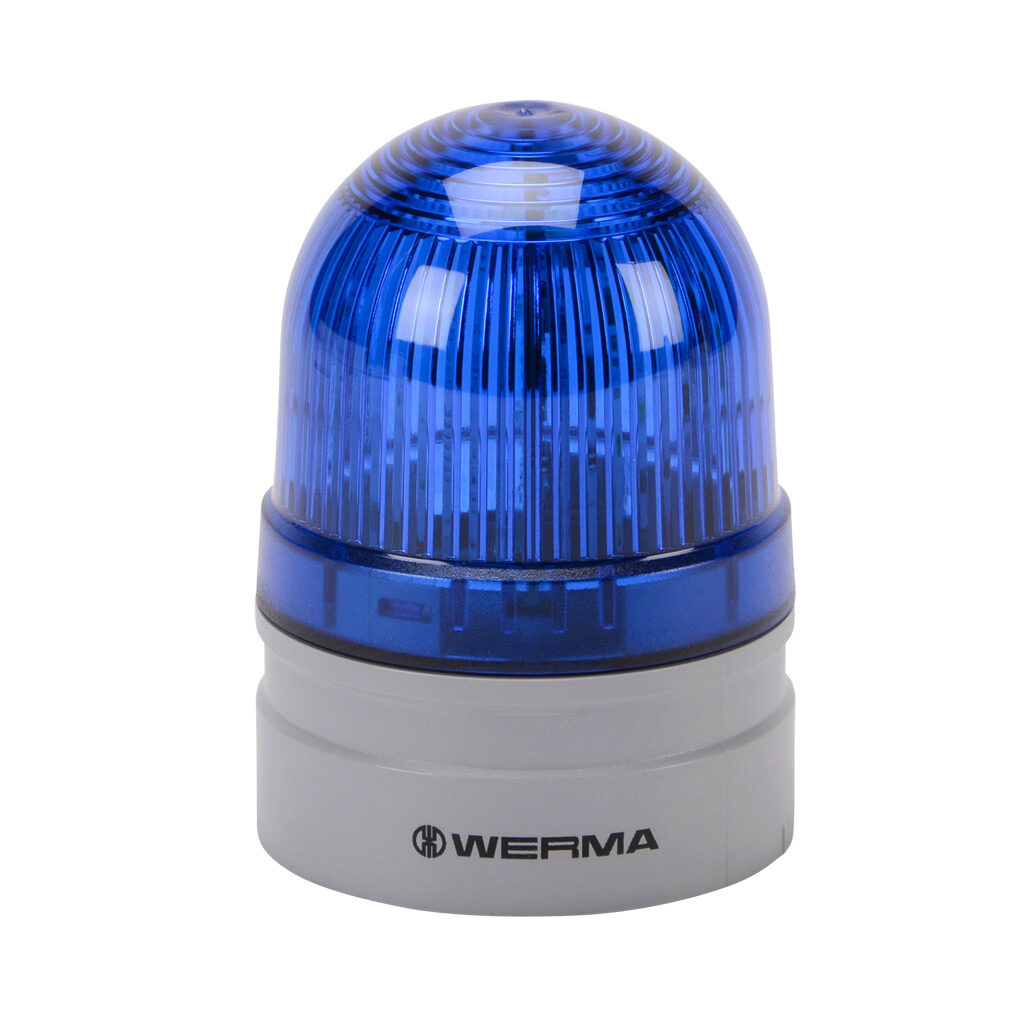 26052060 - WERMA EvoSIGNAL Mini TwinFLASH series LED industrial signal beacon, 62mm, blue, double flash or EVS (Enhanced Visibility System) flashing (random flashing), IP66, modular mount, 115-230 VAC. Requires mounting adapter.