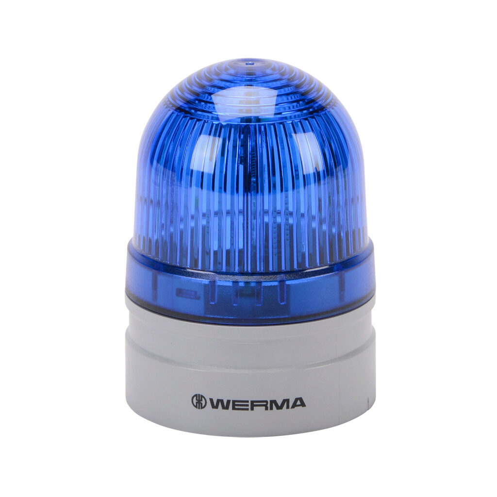 26052074 - WERMA EvoSIGNAL Mini TwinFLASH series LED industrial signal beacon, 62mm, blue, double flash or EVS (Enhanced Visibility System) flashing (random flashing), IP66, modular mount, 12 VAC/VDC. Requires mounting adapter.