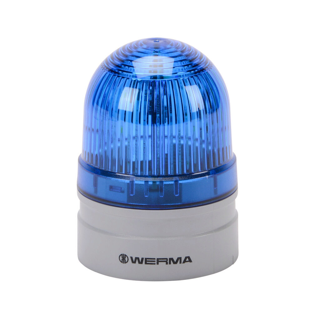 26052075 - WERMA EvoSIGNAL Mini TwinFLASH series LED industrial signal beacon, 62mm, blue, double flash or EVS (Enhanced Visibility System) flashing (random flashing), IP66, modular mount, 24 VAC/VDC. Requires mounting adapter.