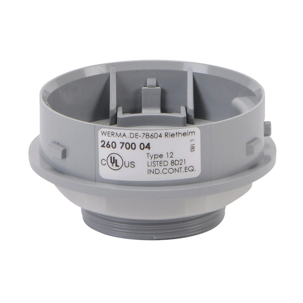 26070004 - WERMA EvoSIGNAL Mini series PG 29 mounting adapter, panel mount, PG29 thread type, gray, ABS plastic. For use with WERMA EvoSIGNAL Mini industrial signal beacons, audible-visual signal beacons and audible signal horns.