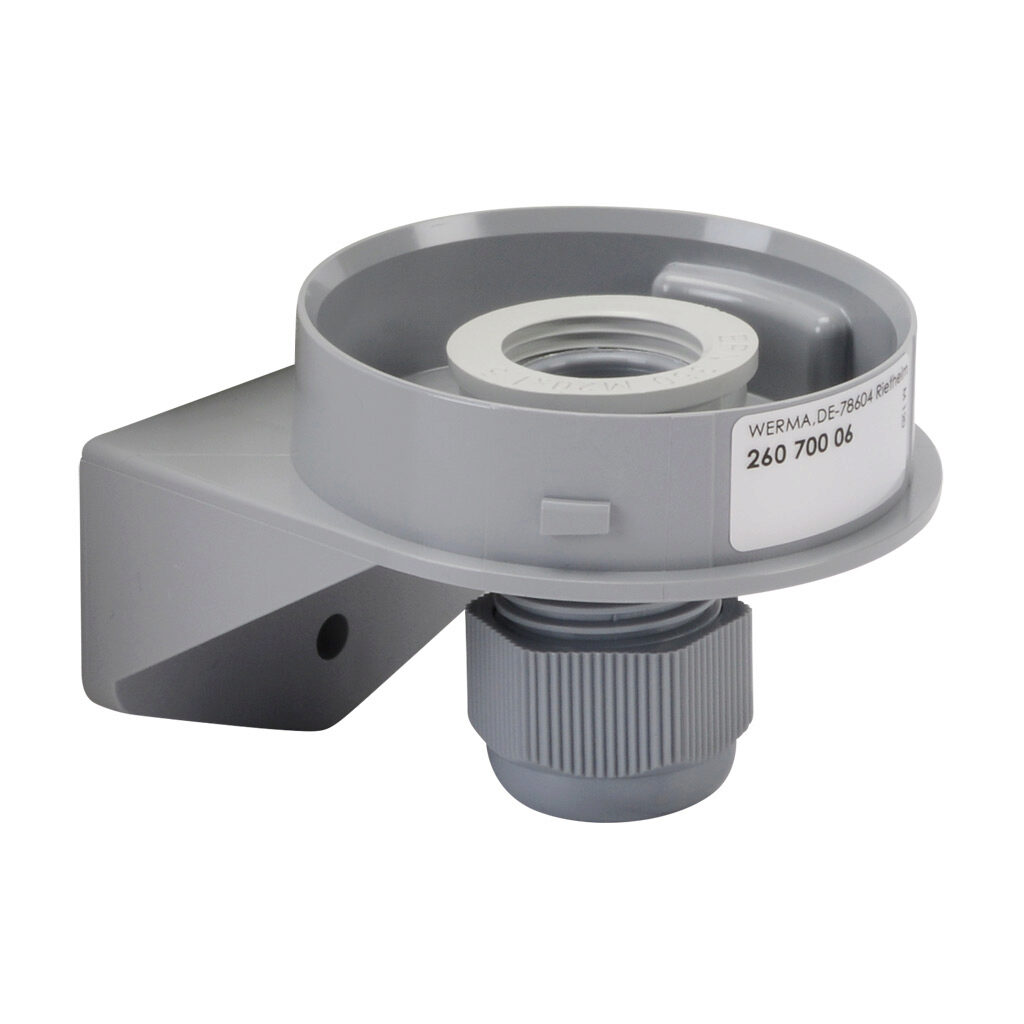 26070006 - WERMA EvoSIGNAL Mini series mounting bracket adapter with cable gland, wall mount, gray, ABS plastic. For use with WERMA EvoSIGNAL Mini industrial signal beacons, audible-visual signal beacons and audible signal horns.