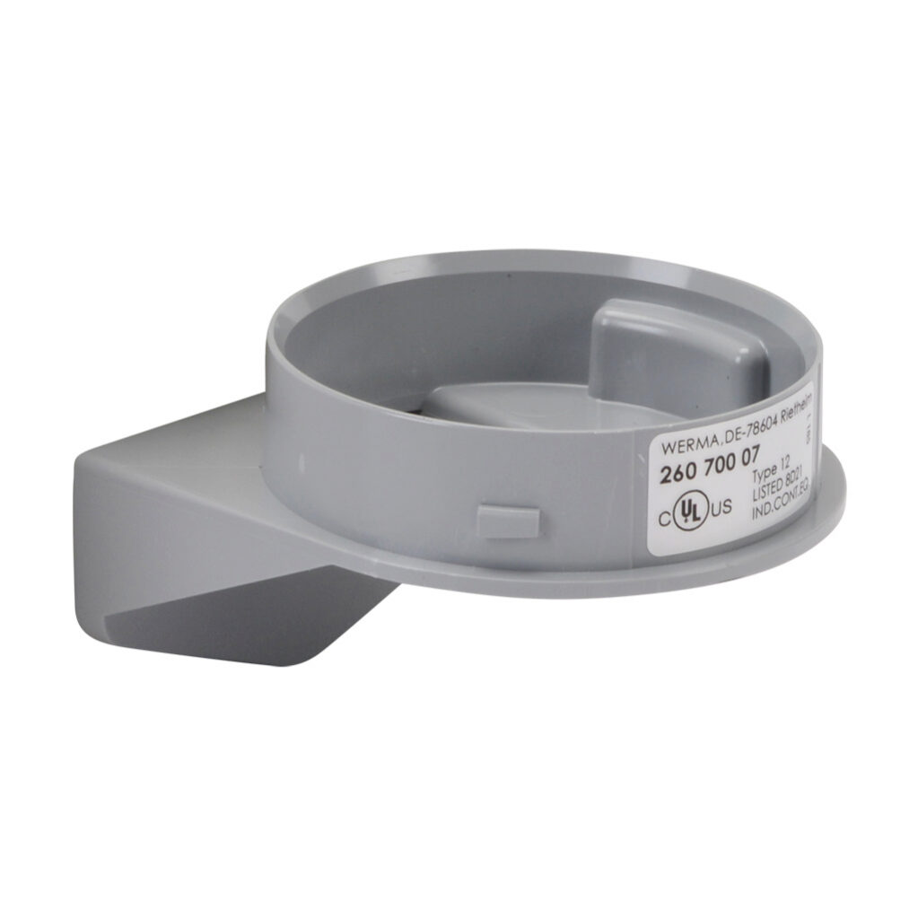 26070007 - WERMA EvoSIGNAL Mini series mounting bracket adapter, wall mount, gray, ABS plastic. For use with WERMA EvoSIGNAL Mini industrial signal beacons, audible-visual signal beacons and audible signal horns.