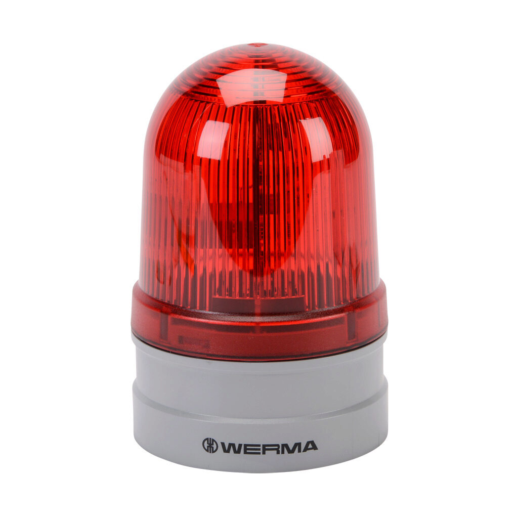 26111060 - WERMA EvoSIGNAL Midi TwinLIGHT series LED industrial signal beacon, 85mm, red, permanent or blinking (1 Hz ON for 420ms), IP66, modular mount, 115-230 VAC. Requires mounting adapter.