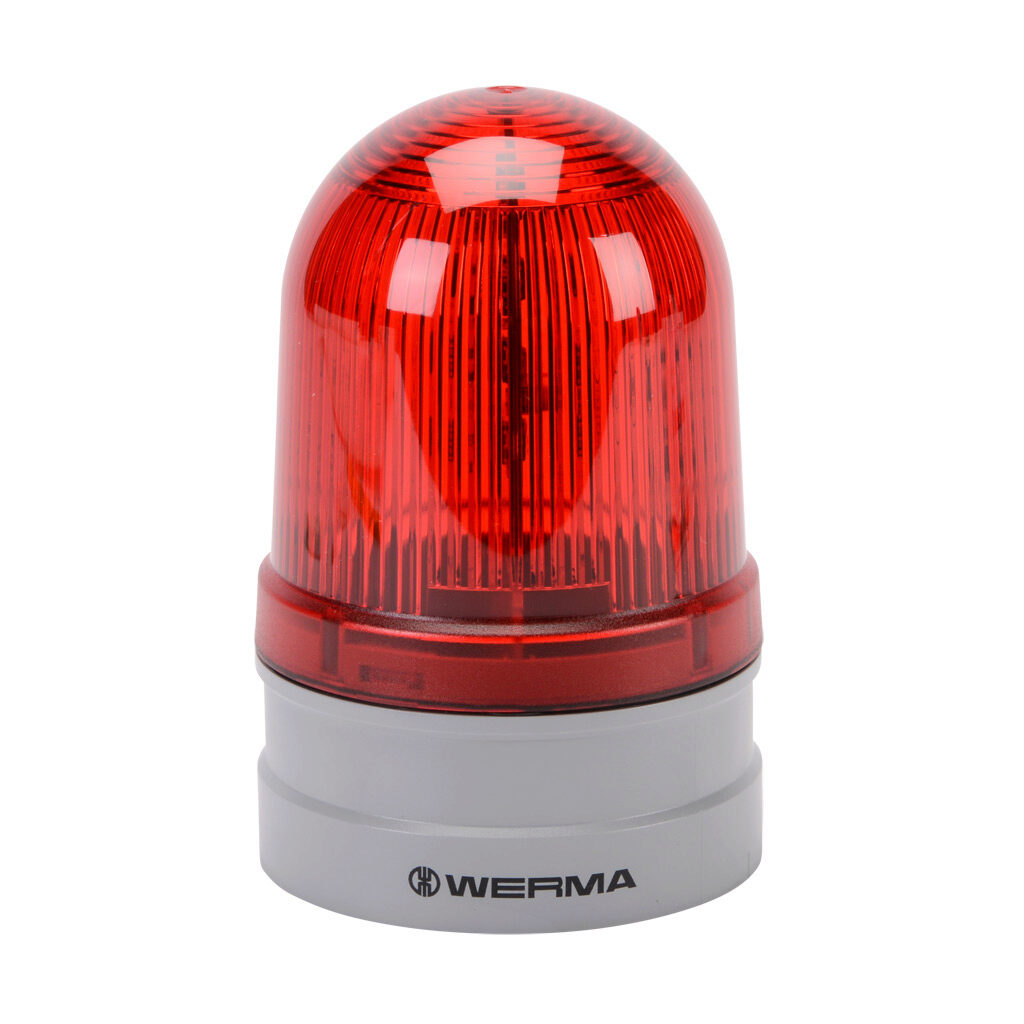 26111070 - WERMA EvoSIGNAL Midi TwinLIGHT series LED industrial signal beacon, 85mm, red, permanent or blinking (1 Hz ON for 480ms), IP66, modular mount, 12/24 VAC/VDC. Requires mounting adapter.