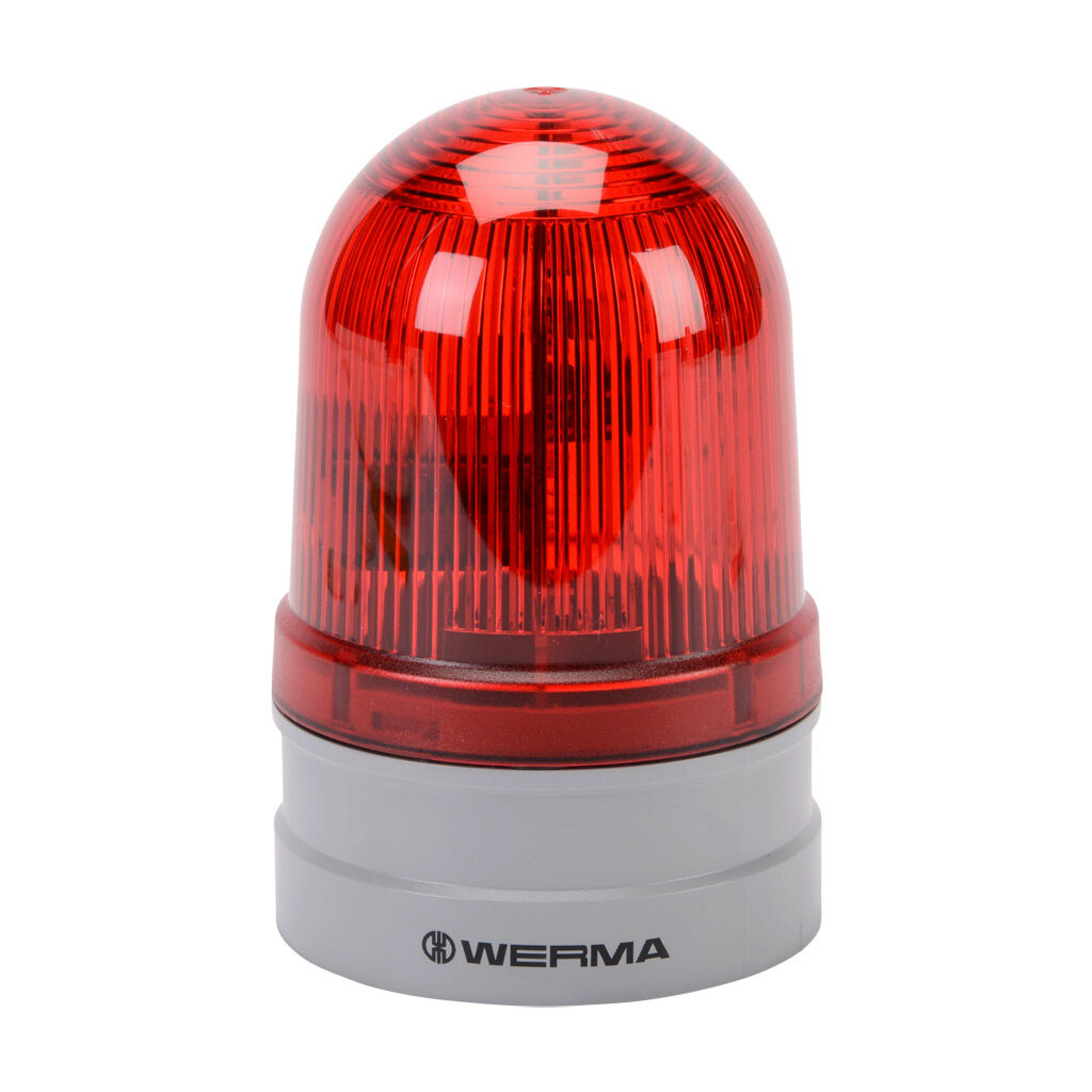 26112060 - WERMA EvoSIGNAL Midi TwinFLASH series LED industrial signal beacon, 85mm, red, double flash or EVS (Enhanced Visibility System) flashing (random flashing), IP66, modular mount, 115-230 VAC. Requires mounting adapter.