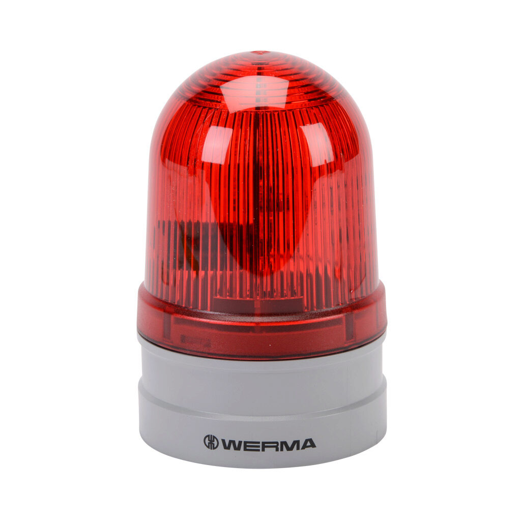 26112070 - WERMA EvoSIGNAL Midi TwinFLASH series LED industrial signal beacon, 85mm, red, double flash or EVS (Enhanced Visibility System) flashing (random flashing), IP66, modular mount, 12/24 VAC/VDC. Requires mounting adapter.