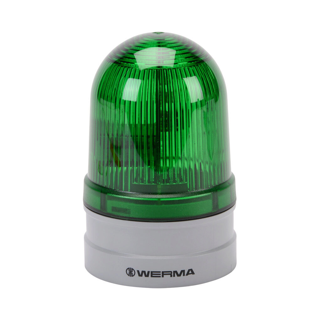 26122060 - WERMA EvoSIGNAL Midi TwinFLASH series LED industrial signal beacon, 85mm, green, double flash or EVS (Enhanced Visibility System) flashing (random flashing), IP66, modular mount, 115-230 VAC. Requires mounting adapter.