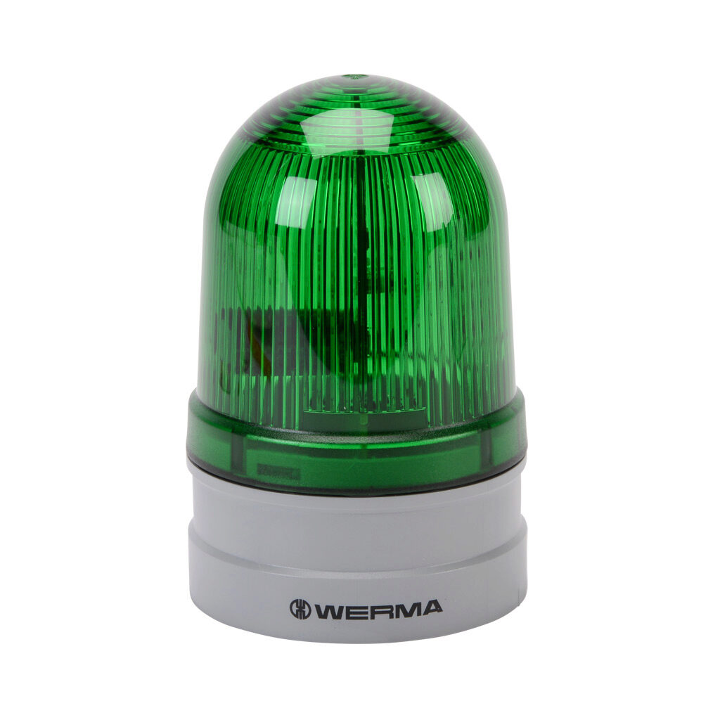 26122070 - WERMA EvoSIGNAL Midi TwinFLASH series LED industrial signal beacon, 85mm, green, double flash or EVS (Enhanced Visibility System) flashing (random flashing), IP66, modular mount, 12/24 VAC/VDC. Requires mounting adapter.