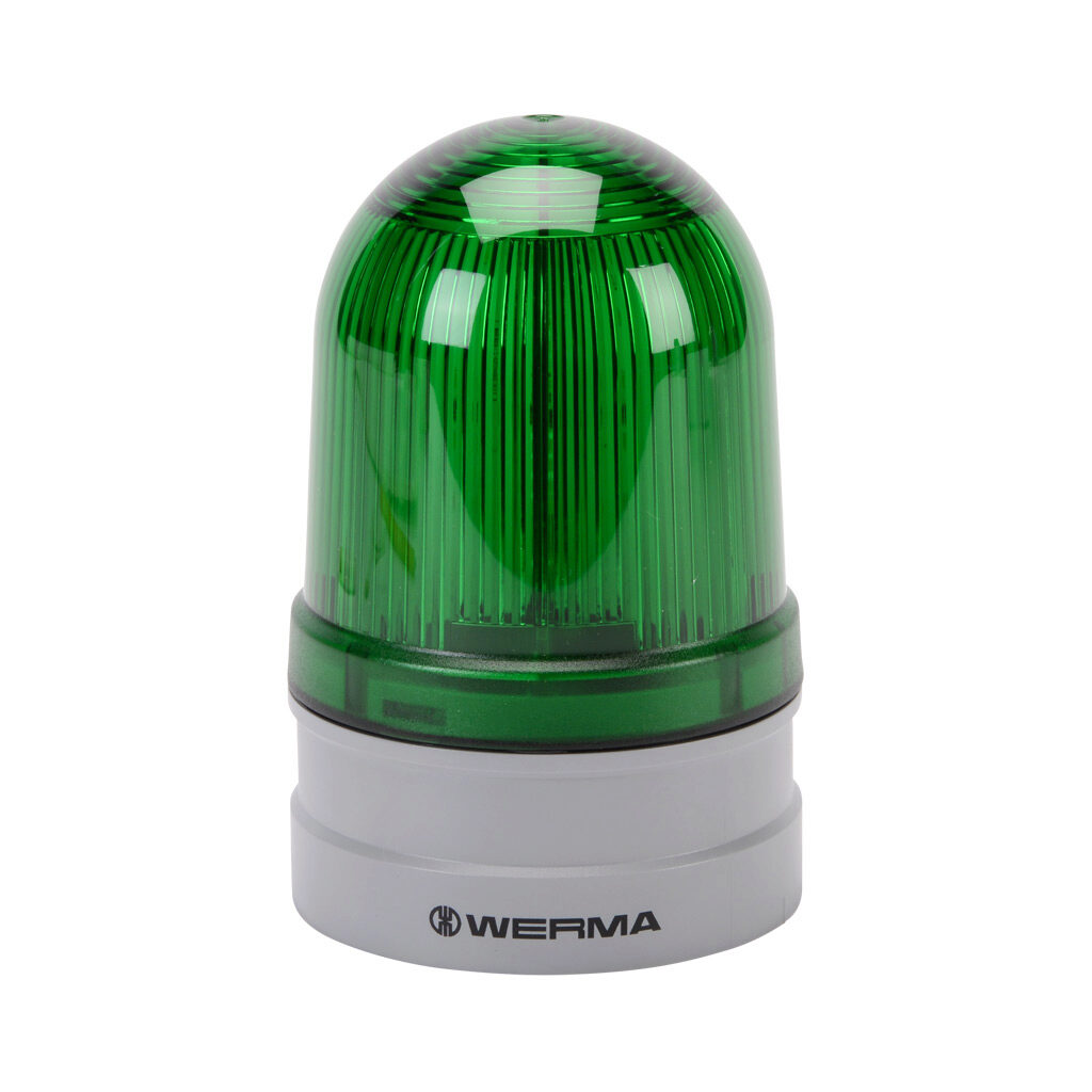 26124060 - WERMA EvoSIGNAL Midi Rotating series LED industrial signal beacon, 85mm, green, rotating (180rpm), IP66, modular mount, 115-230 VAC. Requires mounting adapter.
