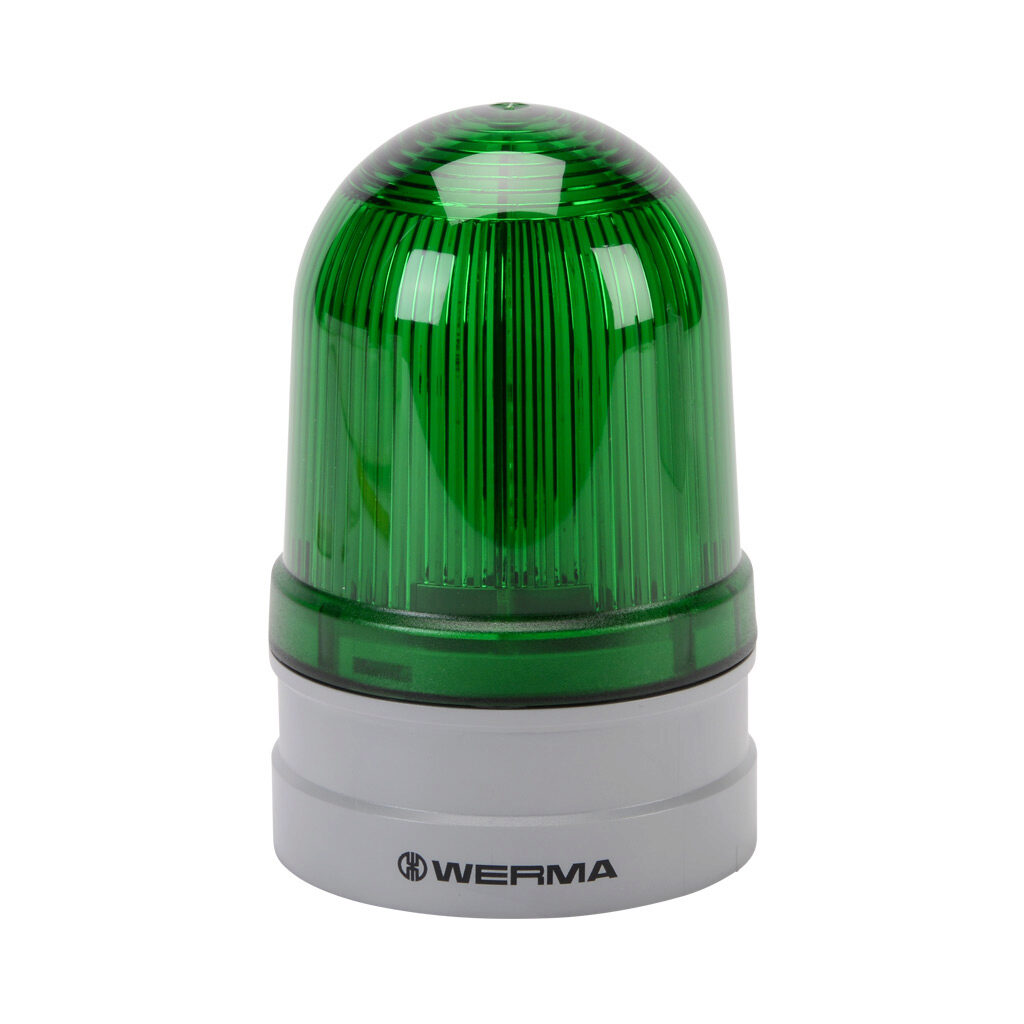 26124070 - WERMA EvoSIGNAL Midi Rotating series LED industrial signal beacon, 85mm, green, rotating (180rpm), IP66, modular mount, 12/24 VAC/VDC. Requires mounting adapter.