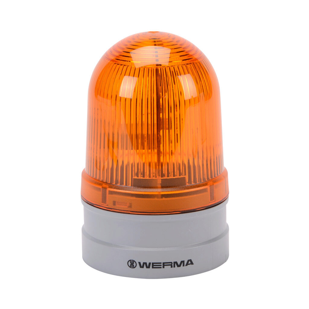 26131060 - WERMA EvoSIGNAL Midi TwinLIGHT series LED industrial signal beacon, 85mm, yellow, permanent or blinking (1 Hz ON for 420ms), IP66, modular mount, 115-230 VAC. Requires mounting adapter.