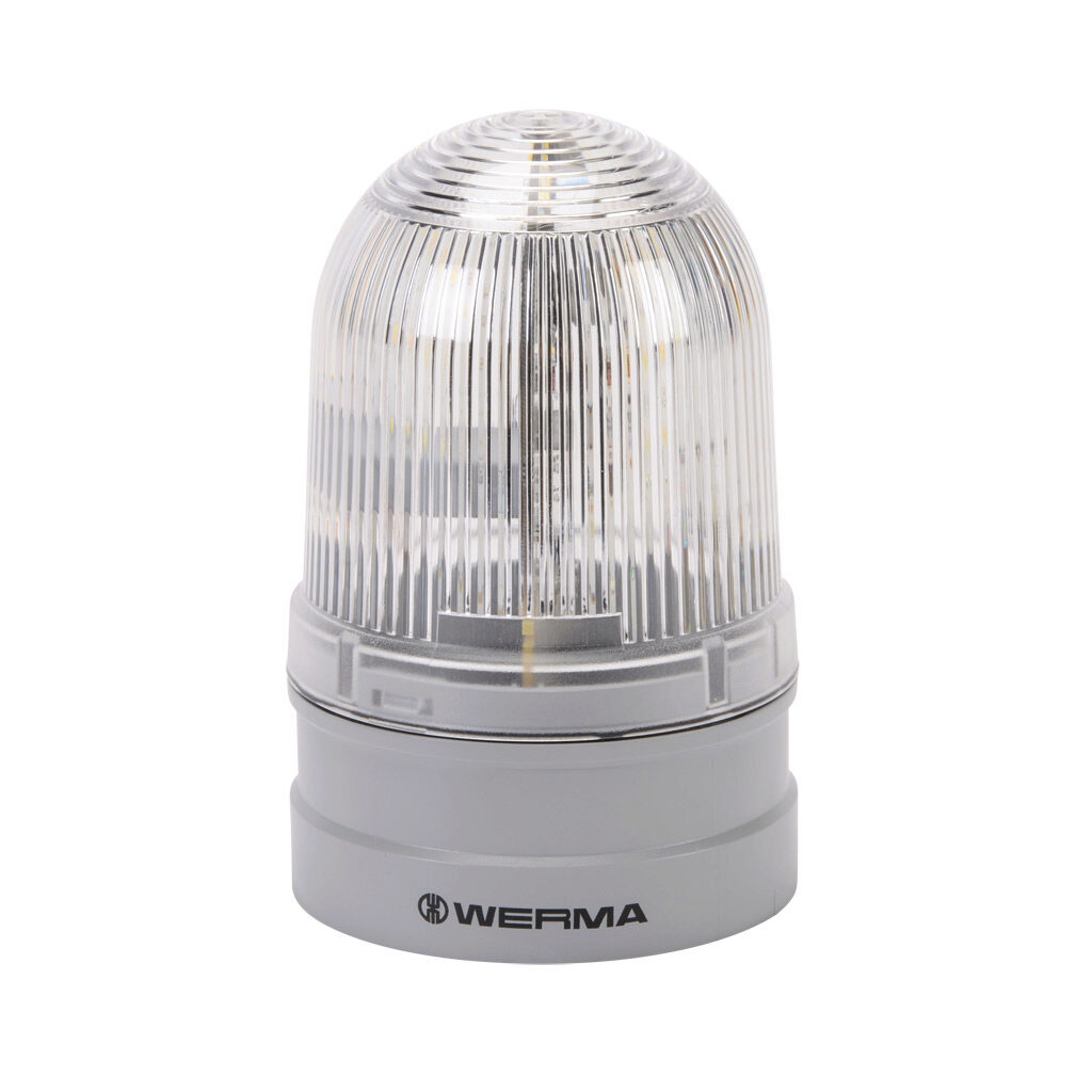 26141060 - WERMA EvoSIGNAL Midi TwinLIGHT series LED industrial signal beacon, 85mm, clear/white, permanent or blinking (1 Hz ON for 420ms), IP66, modular mount, 115-230 VAC. Requires mounting adapter.