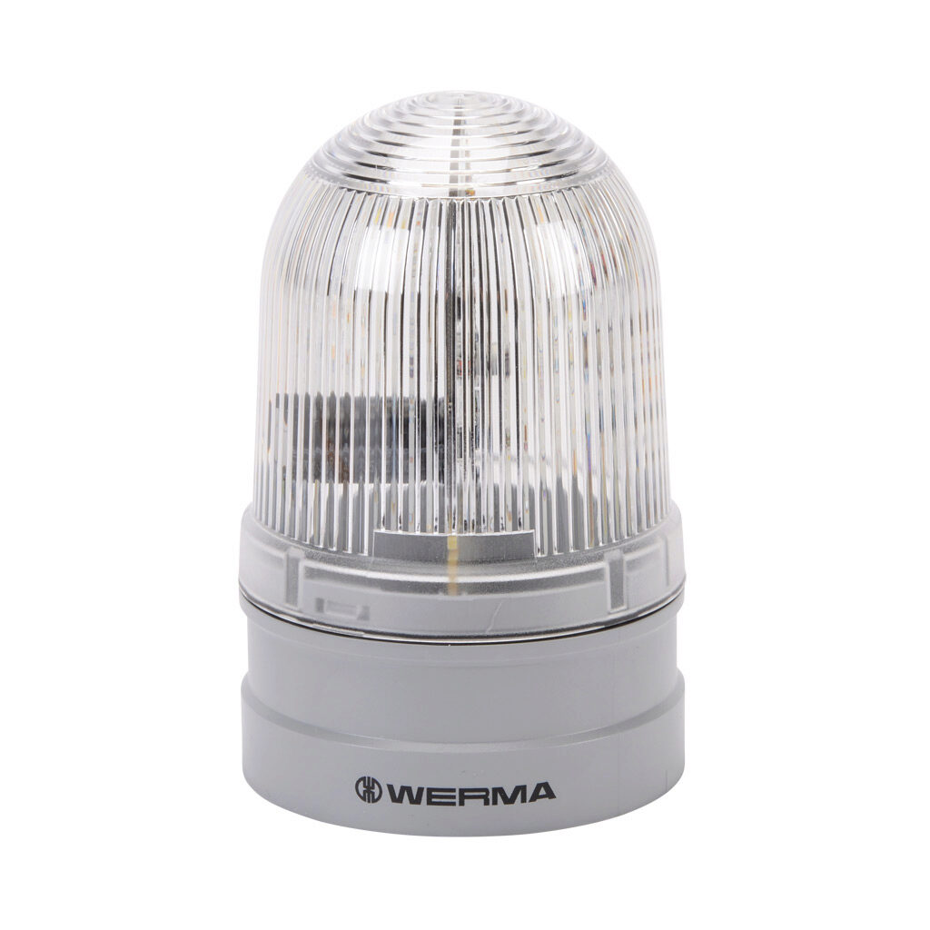 26142070 - WERMA EvoSIGNAL Midi TwinFLASH series LED industrial signal beacon, 85mm, clear/white, double flash or EVS (Enhanced Visibility System) flashing (random flashing), IP66, modular mount, 12/24 VAC/VDC. Requires mounting adapter.
