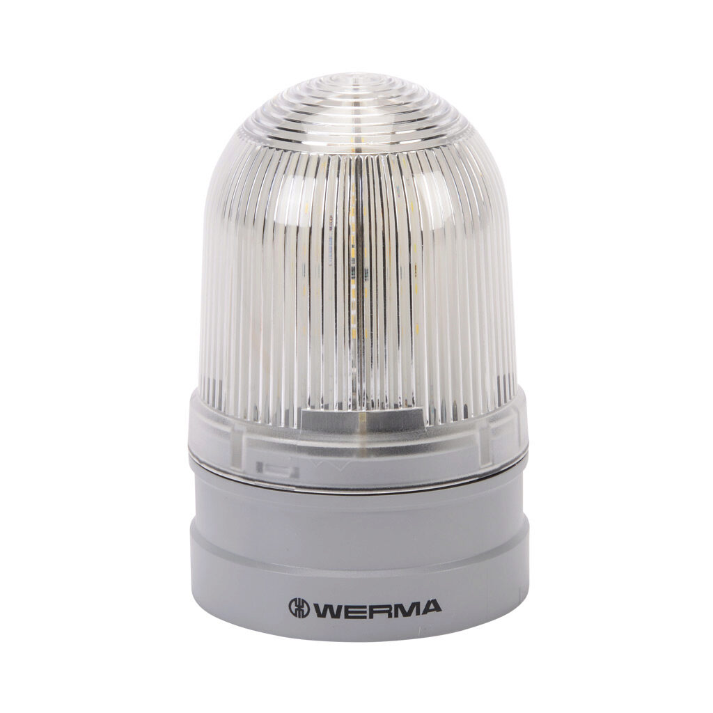 26144060 - WERMA EvoSIGNAL Midi Rotating series LED industrial signal beacon, 85mm, clear/white, rotating (180rpm), IP66, modular mount, 115-230 VAC. Requires mounting adapter.