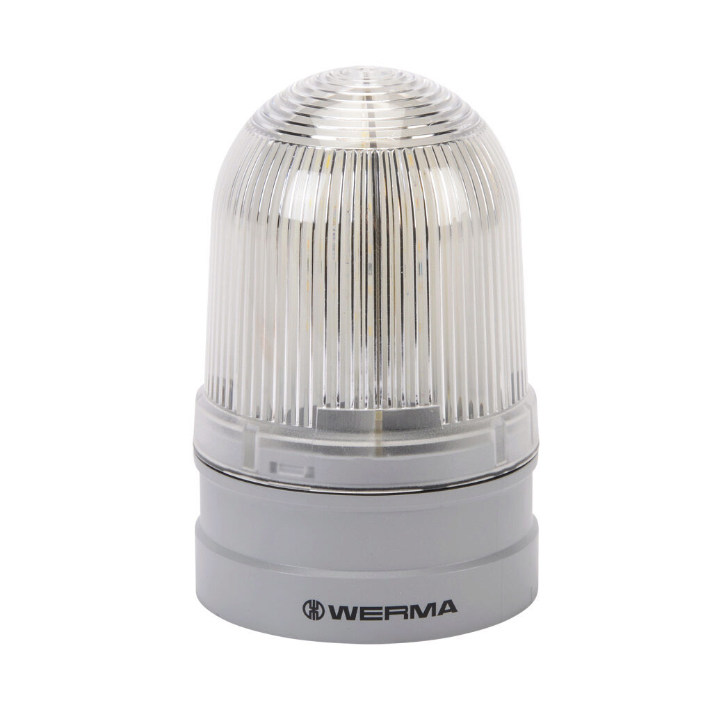 26144070 - WERMA EvoSIGNAL Midi Rotating series LED industrial signal beacon, 85mm, clear/white, rotating (180rpm), IP66, modular mount, 12/24 VAC/VDC. Requires mounting adapter.
