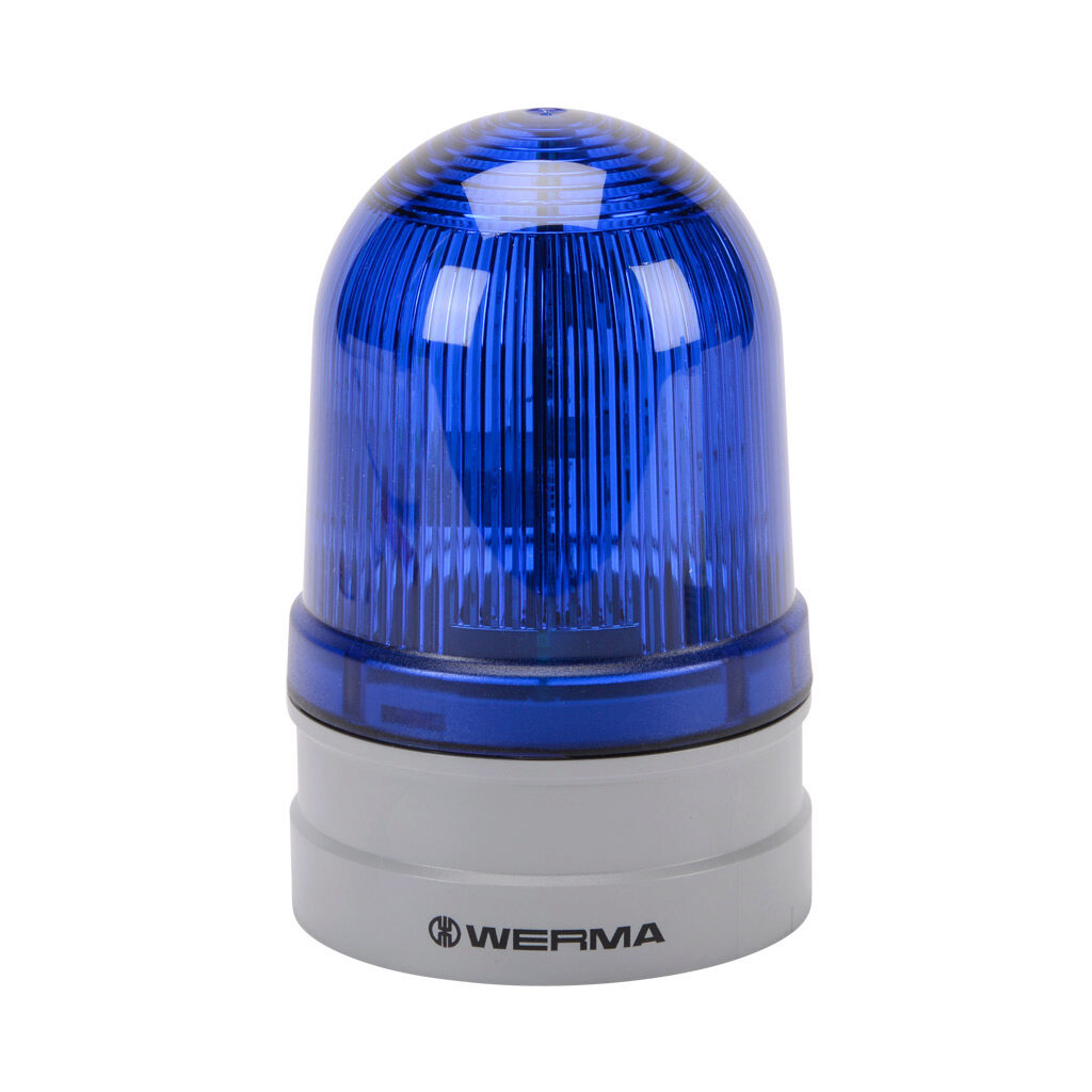 26151060 - WERMA EvoSIGNAL Midi TwinLIGHT series LED industrial signal beacon, 85mm, blue, permanent or blinking (1 Hz ON for 420ms), IP66, modular mount, 115-230 VAC. Requires mounting adapter.