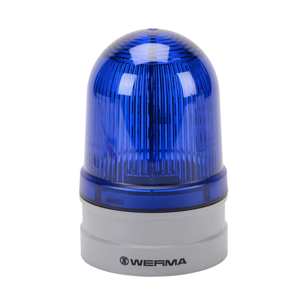 26151070 - WERMA EvoSIGNAL Midi TwinLIGHT series LED industrial signal beacon, 85mm, blue, permanent or blinking (1 Hz ON for 480ms), IP66, modular mount, 12/24 VAC/VDC. Requires mounting adapter.