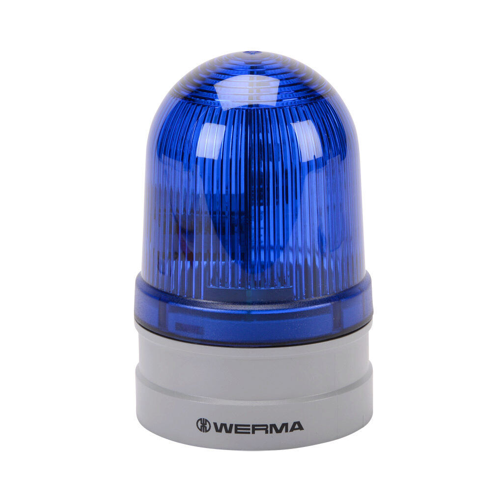 26152060 - WERMA EvoSIGNAL Midi TwinFLASH series LED industrial signal beacon, 85mm, blue, double flash or EVS (Enhanced Visibility System) flashing (random flashing), IP66, modular mount, 115-230 VAC. Requires mounting adapter.