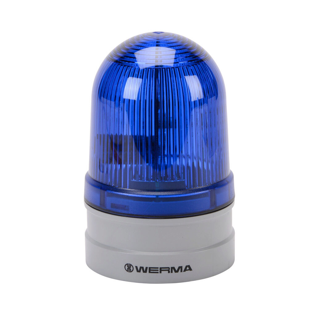 26152070 - WERMA EvoSIGNAL Midi TwinFLASH series LED industrial signal beacon, 85mm, blue, double flash or EVS (Enhanced Visibility System) flashing (random flashing), IP66, modular mount, 12/24 VAC/VDC. Requires mounting adapter.