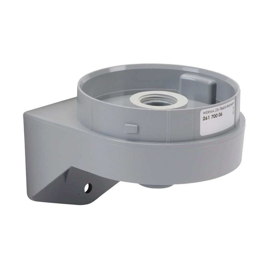 26170006 - WERMA EvoSIGNAL Midi series mounting bracket adapter with cable gland, wall mount, gray, ABS plastic. For use with WERMA EvoSIGNAL Midi industrial signal beacons, audible-visual signal beacons and audible signal horns.