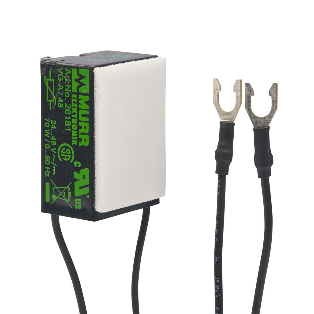26181 - Murrelektronik universal surge suppressor, varistor, 24-48 VAC/VDC, 1-phase, 0-60Hz, 70W, pigtail with spade connectors, adhesive foil and cable tie mount.