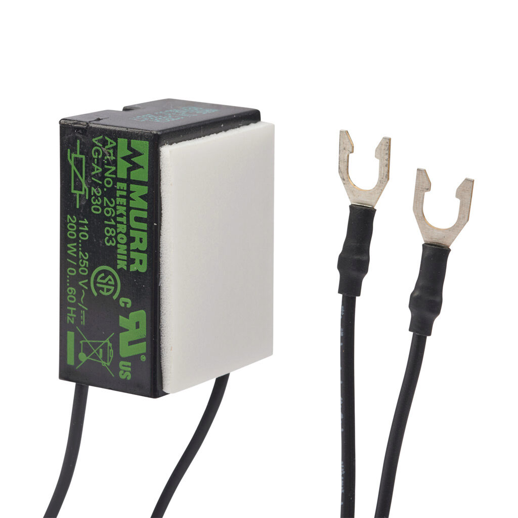 26183 - Murrelektronik universal surge suppressor, varistor, 110-250 VAC/VDC, 1-phase, 0-60Hz, 200W, pigtail with spade connectors, adhesive foil and cable tie mount.