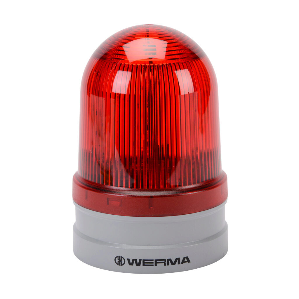 26211060 - WERMA EvoSIGNAL Maxi TwinLIGHT series LED industrial signal beacon, 120mm, red, permanent or blinking (1 Hz ON for 480ms), IP66, modular mount, 115-230 VAC. Requires mounting adapter.