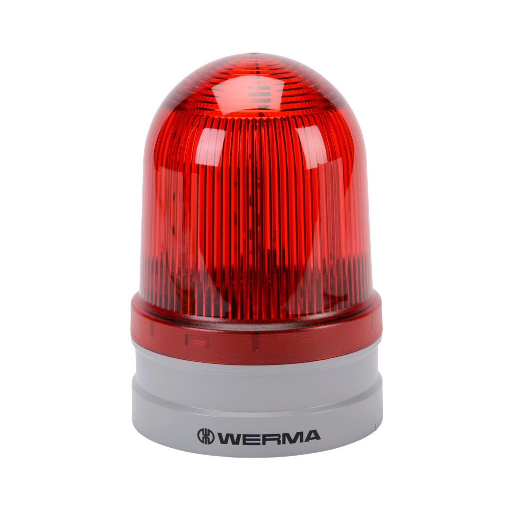 26212060 - WERMA EvoSIGNAL Maxi TwinFLASH series LED industrial signal beacon, 120mm, red, double flash or EVS (Enhanced Visibility System) flashing (random flashing), IP66, modular mount, 115-230 VAC. Requires mounting adapter.