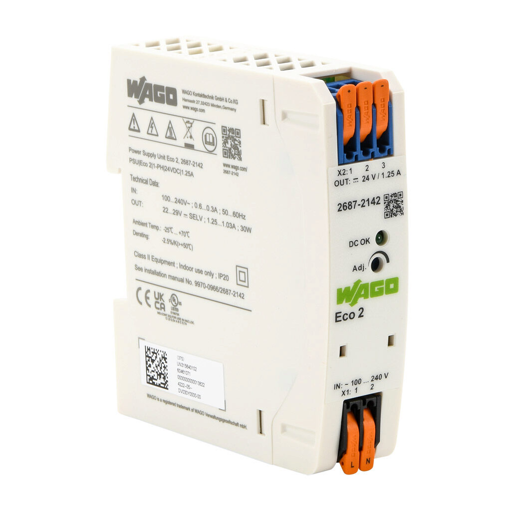 2687-2142 - WAGO Eco2 series switching power supply, 24 VDC @ 1.25A/30W, 120 VAC and 240 VAC nominal input, 1-phase, enclosed, plastic housing, 35mm DIN rail mount, cage clamp.