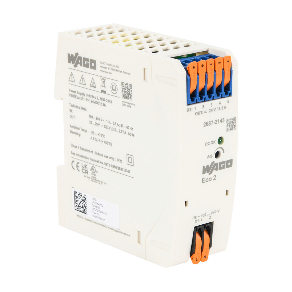 2687-2143 - WAGO Eco2 series switching power supply, 24 VDC @ 2.5A/60W, 120 VAC and 240 VAC nominal input, 1-phase, enclosed, plastic housing, 35mm DIN rail mount, cage clamp.