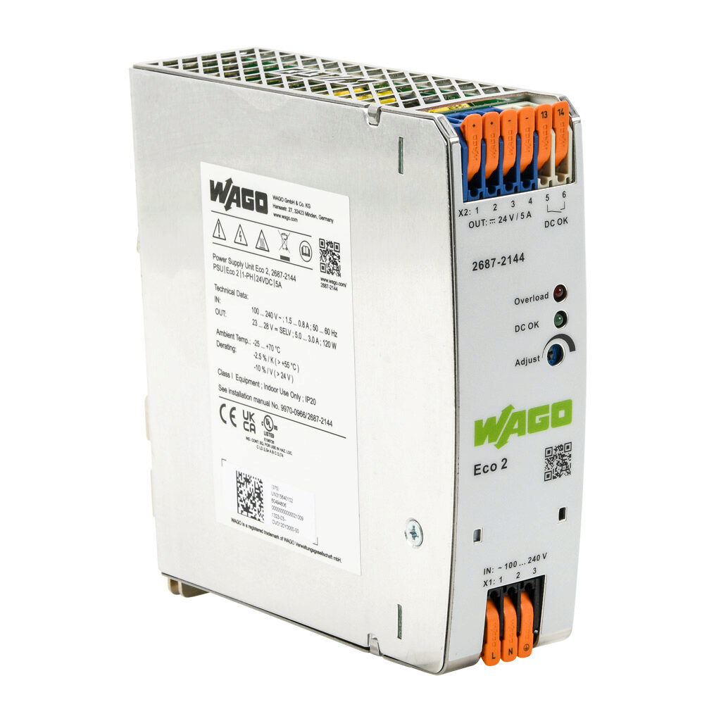 2687-2144 - WAGO Eco2 series switching power supply, 24 VDC @ 5A/120W, 120 VAC and 240 VAC nominal input, 1-phase, enclosed, metal housing, 35mm DIN rail mount, cage clamp.