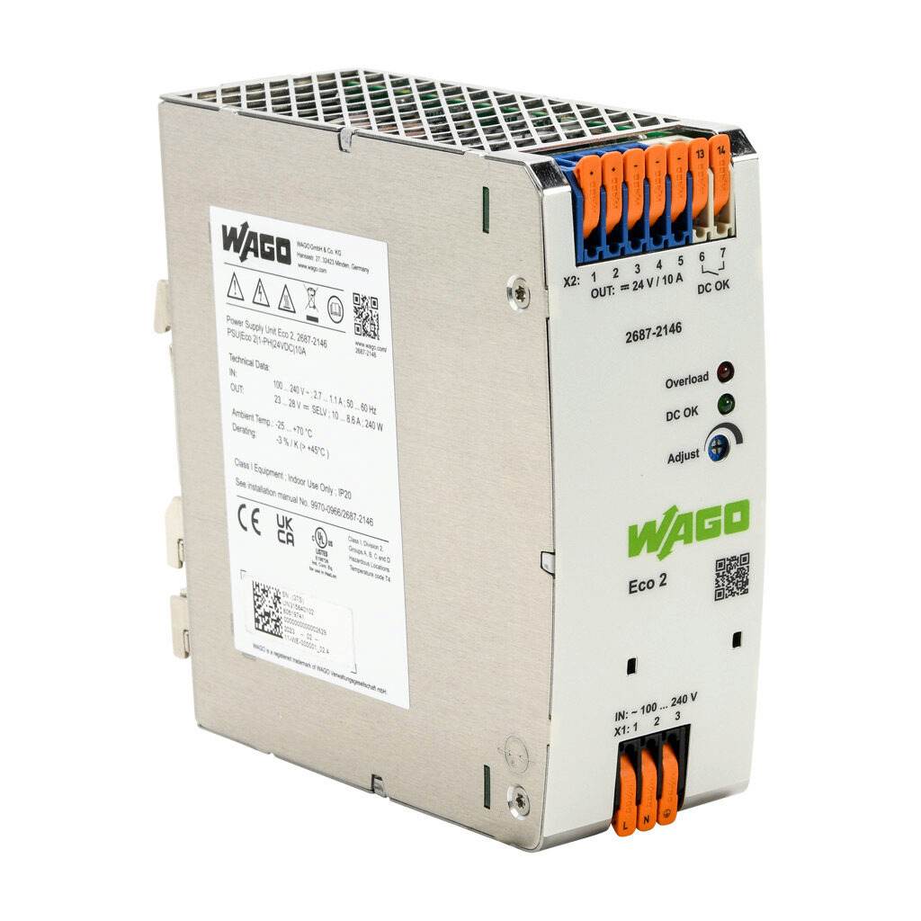 2687-2146 - WAGO Eco2 series switching power supply, 24 VDC @ 10A/240W, 120 VAC and 240 VAC nominal input, 1-phase, enclosed, metal housing, 35mm DIN rail mount, cage clamp.
