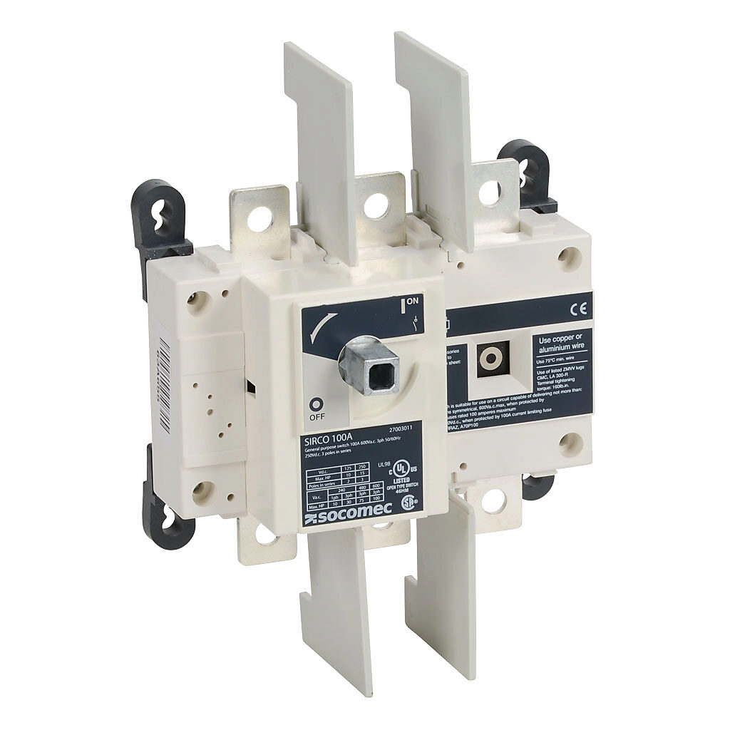 27003011 - Socomec SIRCO series rotary disconnect switch, load break capable, 3-pole, 600 VAC, 100A, 200kA SCCR, panel mount, UL 98 rated, front operated, accepts 10 x 10mm size shaft.
