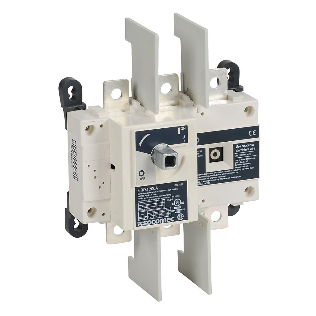 27003021 - Socomec SIRCO series rotary disconnect switch, load break capable, 3-pole, 600 VAC, 200A, 200kA SCCR, panel mount, UL 98 rated, front operated, accepts 10 x 10mm size shaft.