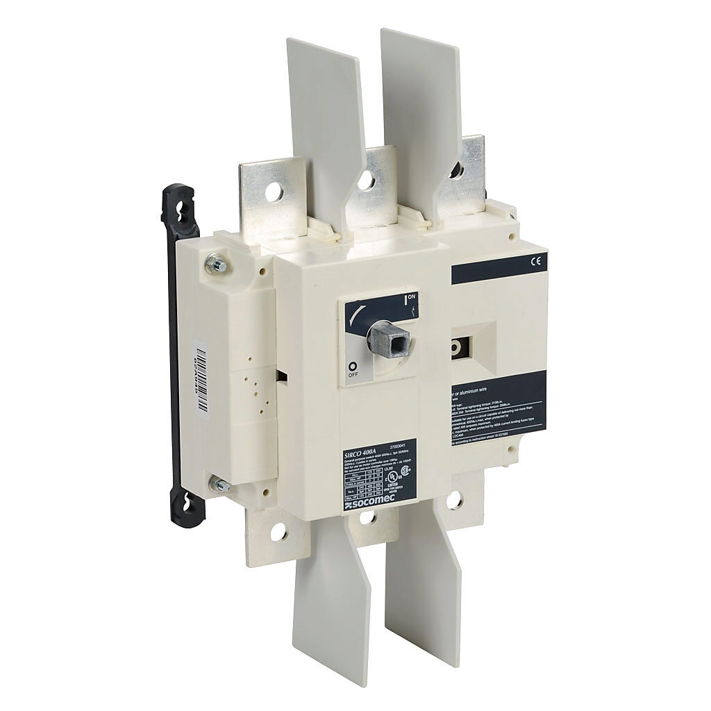 27003041 - Socomec SIRCO series rotary disconnect switch, load break capable, 3-pole, 600 VAC, 400A, 200kA SCCR, panel mount, UL 98 rated, front operated, accepts 10 x 10mm size shaft.