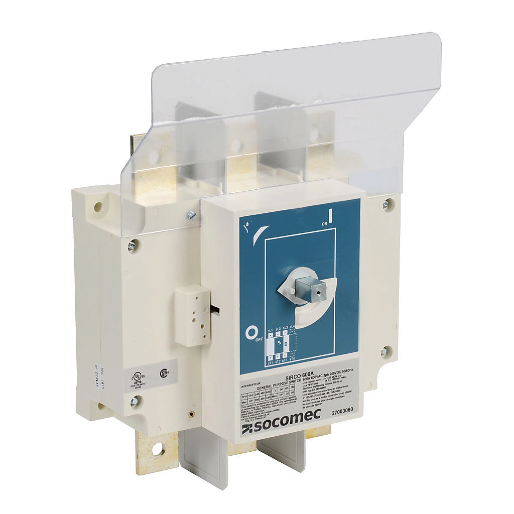27003060 - Socomec SIRCO series rotary disconnect switch, load break capable, 3-pole, 600 VAC, 600A, 200kA SCCR, panel mount, UL 98 rated, front operated, accepts 15 x 12mm size shaft.